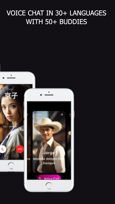 AnyBuddy.AI App Store screenshot showing voice chat in thirty plus languages